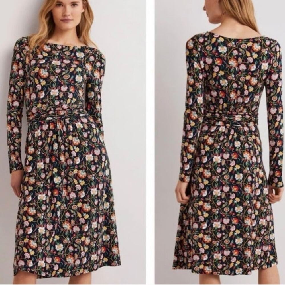 Boden Evelyn Floral Midi Dress Long Sleeve Jersey Knit Navy Size 4 Long